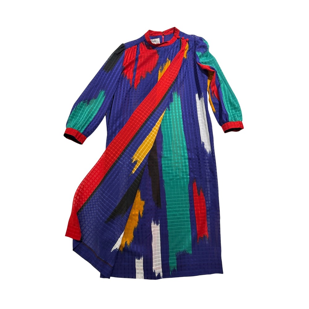 Vintage Umba for Parnes Feinstein Abstract Sheer Midi Dress Blue Red M/L